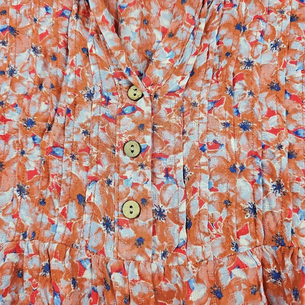 Blouse Women's Multicolor Floral  Size L/XL Smocked Boho Short Sleeve Top - Picture 4 of 9